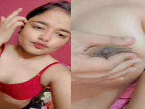 Sexy teen girl Instagran Reel in red bra nude boobs show selfie mms